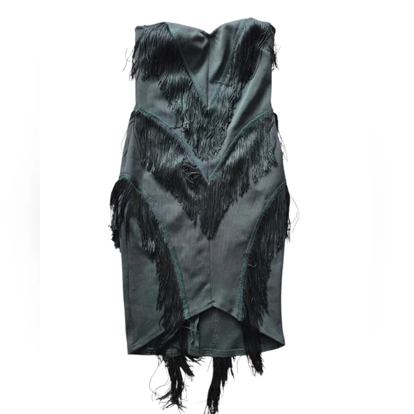 Emerald‎ Green Strapless Fringe Mini Dress Sz M Bandage Fitted Sweetheart Neck - Picture 2 of 11
